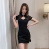 Party Dresses #3465 Black Green Vintage Mini Dress Hollow Out Stand Collar Sexig sn￤va korta kvinnliga ￤rmar Thin Night Clubparty