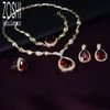 Kvinnesmycken Set Wedding Party Water Drop Red CZ Crystal Necklace Earrings Armband Ring Indian Gold Plated 220812