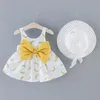 Vestidos de menina infantil garotas vestidos crianças bowknot banana impressão chapéu de princesa roupas de verão roupas roupas fofas sem mangas para meninas para meninas '