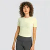 Al0lulu kvinnors nya yogatoppar runda nacke yoga kläder andas sport kortärmad stretch smal t-shirt beskuren topp