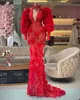 Puffy Long Sleeves Mermaid Prom Dresses Classic Red Lace Evening Dress Custom Made Sequined Handmade Flowers Women Formal Celebrity Party Gown