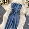 Tute da donna Pagliaccetti Amolapha Abito da donna in denim sottile senza spalline con bottoni sexy