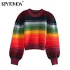 KPYTOMOA Women Fashion Color Striped Cropped Knitted Sweater Vintage O Neck Long Sleeve Female Pullovers Chic Tops 201204