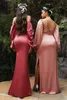 2022 Bohemian Beach Long Bridesmaid Dresses with Long Sleeve Sexy High Slit Silk Stain Maid of Honor Wedding Guest Reception Gown