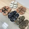Designer Couple Canvas Sandals Double Strap Flat Buckle Slippers Mule Shoes Leather Bottom Beach Slides Rubber Soles Summer Flip Flops With Box NO394