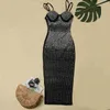 Kricesseen Sexy Sequin Glitter Crystal Midi Dress Vestido女性ノースリーブストラップボディコンを介してパーティークラブドレス220406