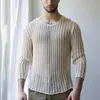 Мужские футболки вязаная сетчатая топ-топ мужчины прозрачные сексуальные виды сквозь тройку с длинным рукавом