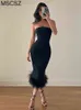 2022 Frauen Elegante Schwarze Partykleider Trägerloses, rückenfreies, figurbetontes Sommerkleid Sexy Korsett-Top-Midikleid mit Feder T220816ORE6