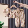 Roupas de roupas menoea meninas roupas de estilo coreano Tops camisetas e calças florais terno para crianças casuais 3-7yClothing