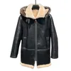 Heren Winterleer Jassen Hooded Winter Echte wasbeer Bont kraaglagen Shearling Tops Warm Out -Weer overjas hoog Kwaliteit Zwarte waterdichte windbrekers