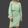 Casual Sukienki 2022 Chic Green Dwupiętrowa Dress Sukienka Zestawy Kobiet Damskie Podwiązanie Wrap Bodycon i Długi Rękaw Crop Tops Smocks
