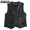ZOGAA Multi Pocket Vest Men Black Pography Vests Genuine Leather Motorcycle Biker Waistcoat Male Autumn Sleeveless Jacket Men 201127