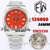 EWF V3 ew126000 Cal.3230 EW3230 Montre Femme Automatique 36MM Cadran Rouge Corail Marqueurs de Bâton Bracelet en Acier Inoxydable 904L avec la Même Carte de Garantie de Série Montres d'éternité