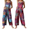 Kvinnor etnisk stil jumpsuits sommaröverträdelser multicolor fyrkantiga hals ärmlösa casual rompers med fickor för flickor playsuit 220714