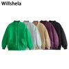 Willshela Women Fashion مع جيوب سحاب أمامية صلبة معطف عتيقة Oneck Oneck Long Sleeves أنثى الأزياء الأنيقة 220803