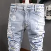 Jeans för män Mode Streetwear Män Ljusblå Vit Färg Designer Rippet Patchwork Destroyed Pencil Byxor Hip Hop