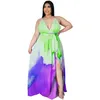 Été Sexy Femmes Plus La Taille Robes De Mode Tie Dye Imprimé V Profond Dos Ouvert Split Gradient Robe Florale Dames D'été Vêtements Décontractés L-5XL