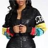 Customized Grimace graffiti pu leather jacket cartoon printed leather jacket female kint sleeve sticthing pu leather tops F1920 210908