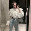France Autumn Women's Layer Ruffles Solid Top Fashion Female Flare Sleeve Patchwork Elegant Perspective Chic Blouses Shirts 220516
