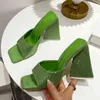 Mode pantoufles pour femmes vert sandales dames Chic cristal Triangle talons hauts élégant bout carré été fête chaussures pompes 220530