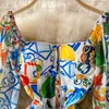 2022 Designer de mode Boho Maxi Robes décontractées à manches longues pour femmes à manches longues en porcelaine bleu et à imprimé floral long D276n