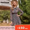 Aachoae Женское цветочное платье -платье -галстук -галстук винтажное платье с плиссированным платьем с помощью рукава при печати мини -платье повседневное сарафан vestidos 210401