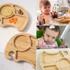 1PC Bamboo Wooden Dinnerware Baby Feeding Accessories Cartoon Animals Elephant Dinner Plate With Sucker Baby Products Gifts 220512