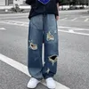 Versi Korea Dari Ins Hiphop High Street Hipster Tertekan Jeans Lurus Sobek Tua Pria Kasual Liar Longgar Celana Lebar Kaki 220817