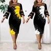 Women Dress Digital Print Mesh Patchwork Elegant Flare Sleeve Mid Calf Bodycon for Wedding Party Clothing 5XL 220521