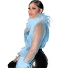 Women's Blouses & Shirts High necked long sleeved feather spliced tight mesh see through top