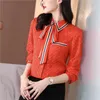 2023 Vintage Ribbon Bow Orange Shirt for Women Designer Long Sleeve Print Lapel Silk Blouses Ladies Office Button Shirts Spring Fall Casual Versatile Graphic Tops