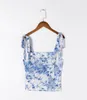 Dostosuj Pasek Bow Blue Floral Print Camis Women Summed Ruched Short Tank Tops Retro Cool Girl Sexy Slim Top Tees 220331