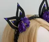 ブラックウサギの耳の紫色の花のヘッドバンドハロウィーンクリスマスパーティーエルフヘアバンドバーファブリックフローラルヘアアクセサリー