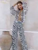 Claceive Sexig snörningskjorta Zebra Print Two Piece Set Women Elegant High midjebrett byxa Suits Female Casual Slim Pants Set T220729