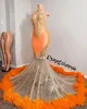 Vestidos De Boda Invitada Schwarze Mädchen Orange Meerjungfrau Prom Kleider 2022 Pailletten Luxus Federn Abendkleider Für Frauen Party