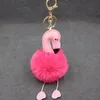 Keychains Simulação Rex Fur Pink Flamingo Cadeia -chave - Bolsa de praia Purse Charm Ring Gold Ball Fashion Gift