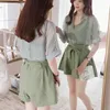 Kvinnor Summer Cotton and Linen Three Piece Set Casual Tops Shorts Elastic Midje Wide Ben Pants Suit Set 3 Piece Set L281 220526