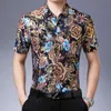 Men's Casual Shirts Gold Bronzing Silk For Mens Club Dress Unusual Clothes Luxury Large Size Stretch Flowers Blouse Holiday DressMen's