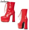 Shiny Red Patent Boots Women Ankle High Platform Shoes Short Fall Boots Women Lace Up Fetish Rubber Sole Size 8 Heeled Booties