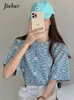 Jielur Creative Embonsed Flower Loose T Shirt Female Oneck Kort ärm Green Blue Tshirt Woman Korean Fashion Top Women MXL 220615