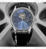 Perpetual Calendar Tourbillon Power Reserve A23J Automatische Mens Watch Steel Case White Dial Blue Number Markers Lederen band Puretime F01D4