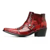 Pointed Toe Rivet Buckle Strap Boots Mens High Heel Red Leather Shoes Party Men Genuine Leather Ankle Boots Big Size