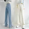 Oussyu varumärke kvinna jeans hög midja bred ben bomull denim kläder blå vit streetwear vintage mode harajuku rak byxor 220701
