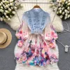 Vår sommarbanan designer blomma linne klänning kvinnor rufsar lykta ärm en enda bröstkort vestidos 2023