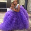 Girl039s платья детское фиолетовое многоярусное тюлевое платье с цветочным узором для девочек на свадьбу с аппликациями VBack с скользящим шлейфом Little Gir7324689