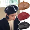 Basker Autumn Winter Pu Leather for Women Retro Vintage Ladies Octonal Hat Caps Stewardess Black Coffee Artist Hats Delm22