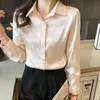 Camisa clásica de manga larga rosa albaricoque con solapa, estampado brillante, estampado de letras, tela sedosa, camisa de mujer, blusa elegante, gasa Regular