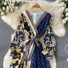 Spring Autumn Women Color Blocked Dresses Printed Slim Long Dress Kvinnlig Loose Fashion Sash Tie Up Girdle Midjeklänningar316L