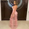 Cm.yaya mesh Patchwork Maxi Elbise Kadınlar Plaj Seksi Kulüp Partisi V-Yellect Bodysuit Style Cascading Fırfırlar Uzun Elbiseler 220516