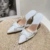 Kvinna Designer High Heels Dress Shoes Sandaler Ballerina Leather Wedding Party Party Pekade Toe Stiletto Triangle Logo Solid Sandals Storlek 35-40